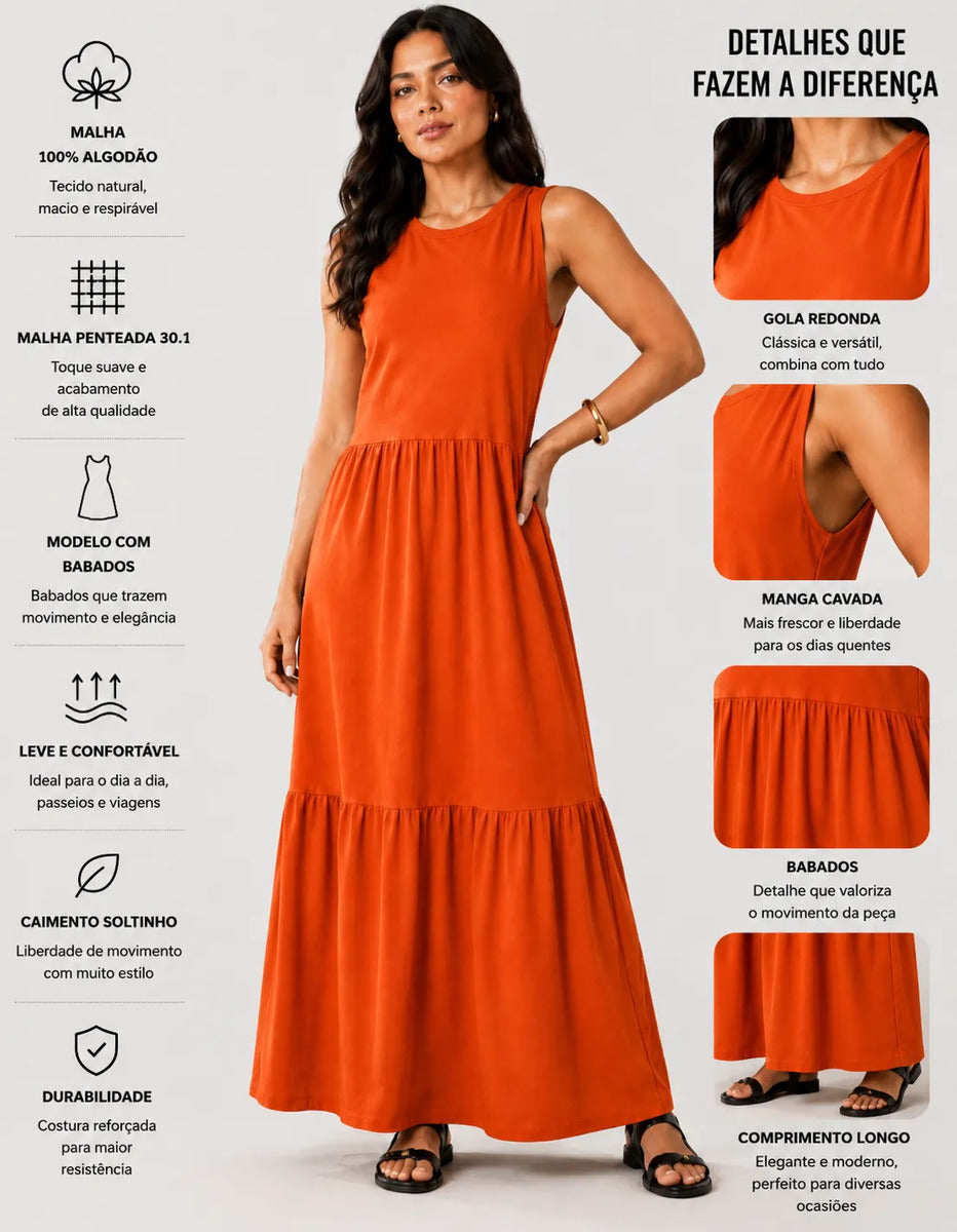 Vestido Longo Feminino Regata Três Marias Algodão Soltinho Laranja