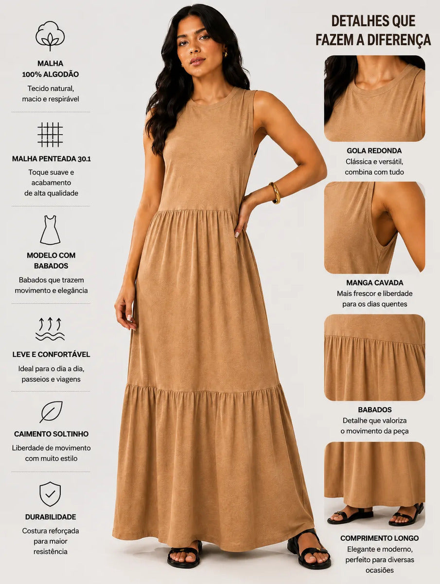 Vestido Longo Feminino Regata Três Marias Algodão Soltinho Caramelo
