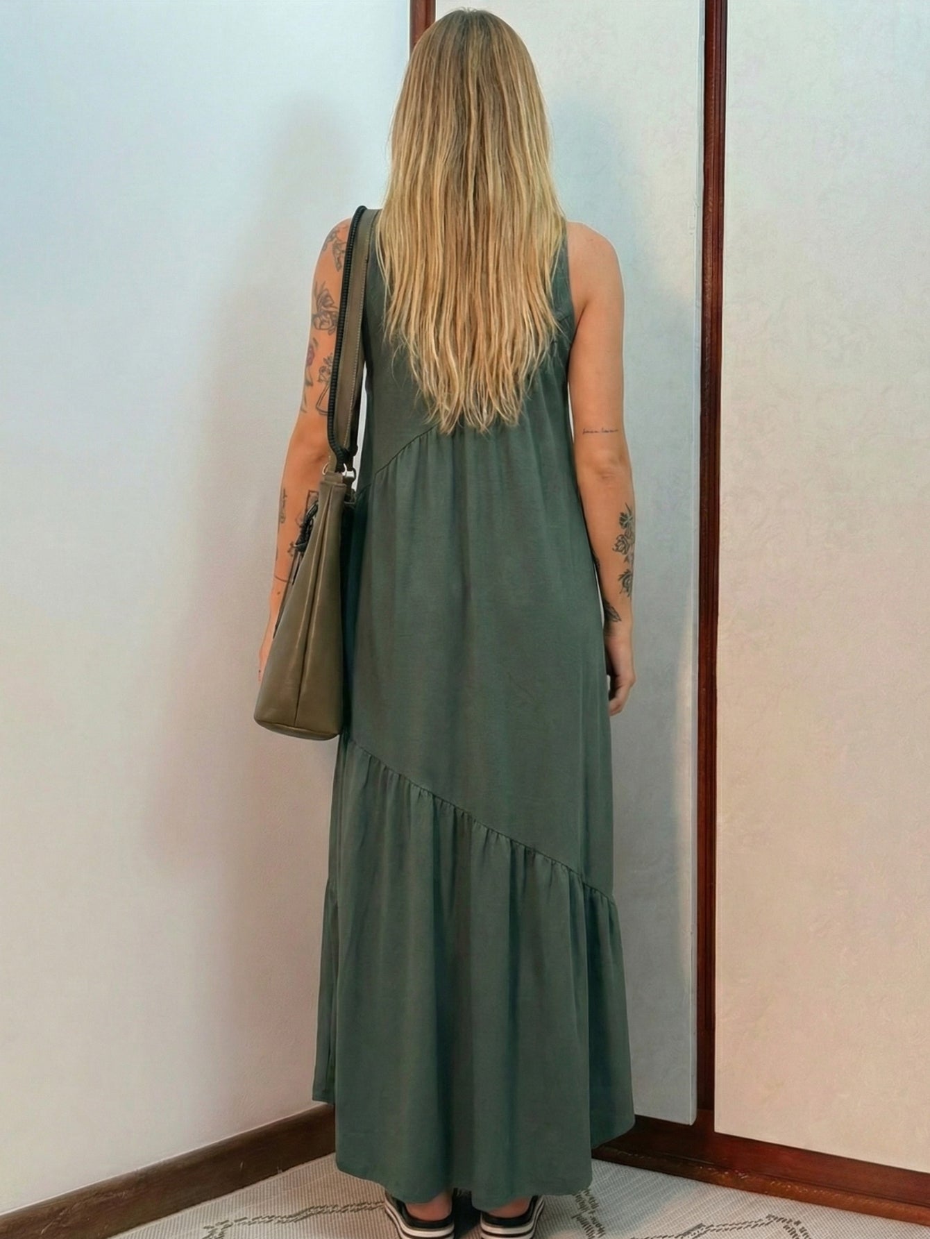 Vestido Longo Feminino Soltinho malha algodão Aveloz Verde Oliva