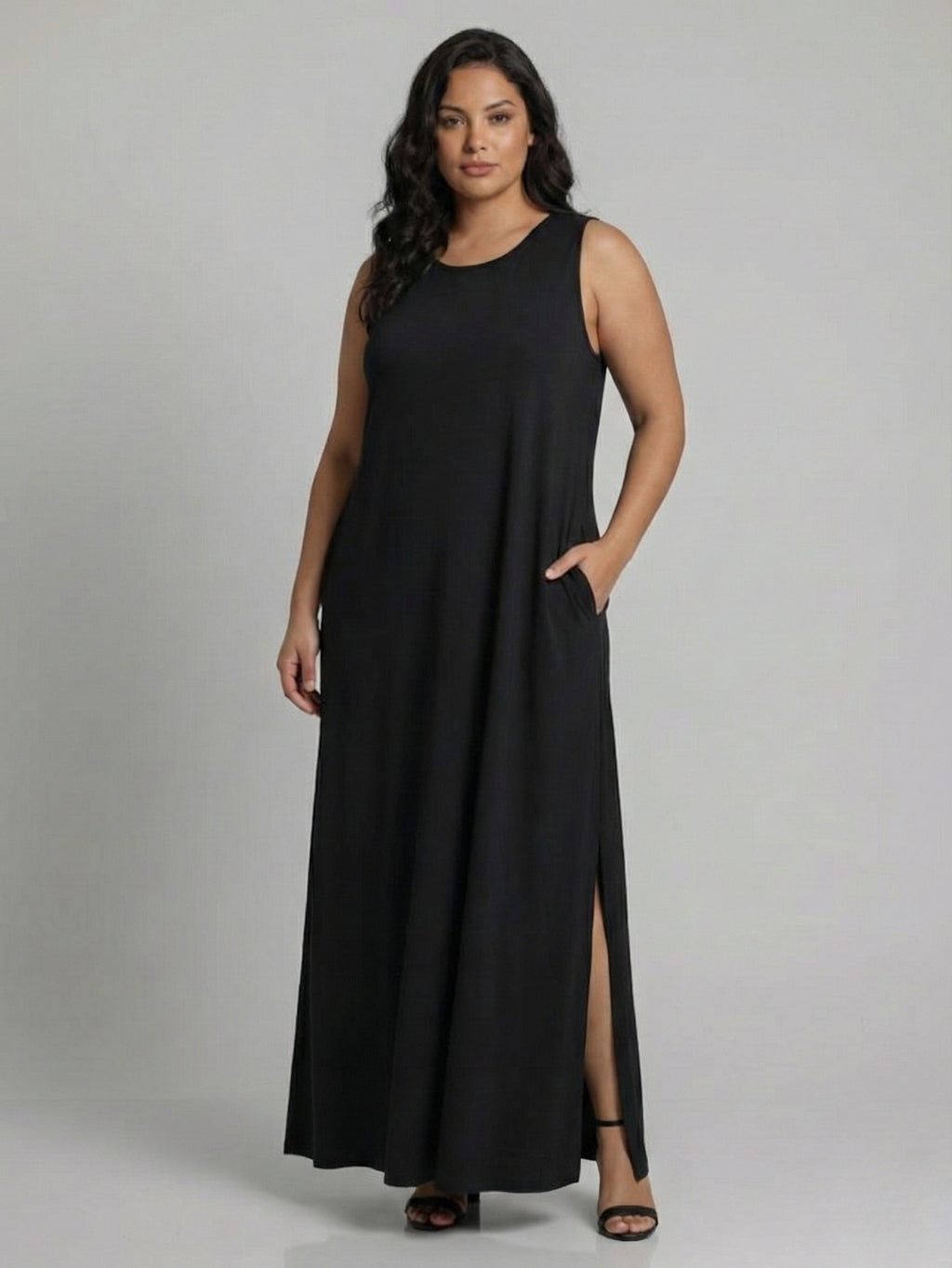 Vestido Longo Aveloz Viscolycra Soltinho Plus Size com Bolso Preto