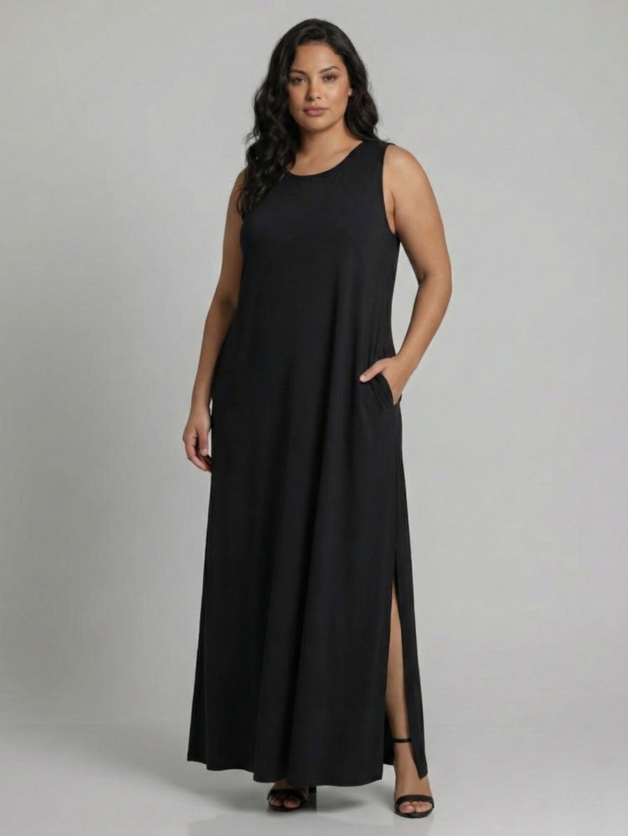 Vestido Longo Aveloz Viscolycra Soltinho Plus Size com Bolso Preto