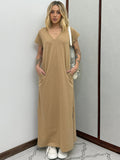 Vestido Longo de Algodão com Bolso Decote V Caramelo