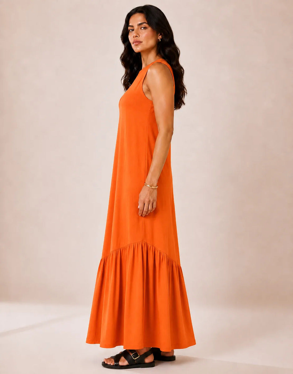 Vestido Longo Feminino Regata Babado Assimétrico Algodão Laranja