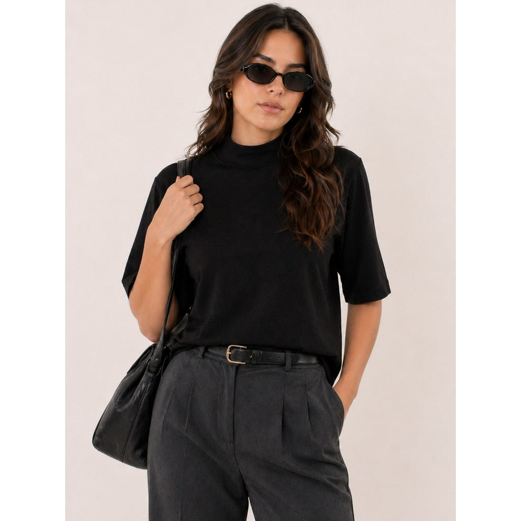 Camiseta Feminina T-shirt Aveloz Gola Alta E Manga 3/4 Preto