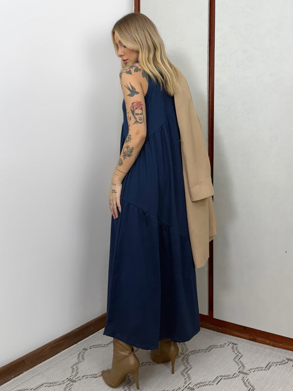 Vestido Longo Feminino Soltinho malha algodão Aveloz Azul Marinho