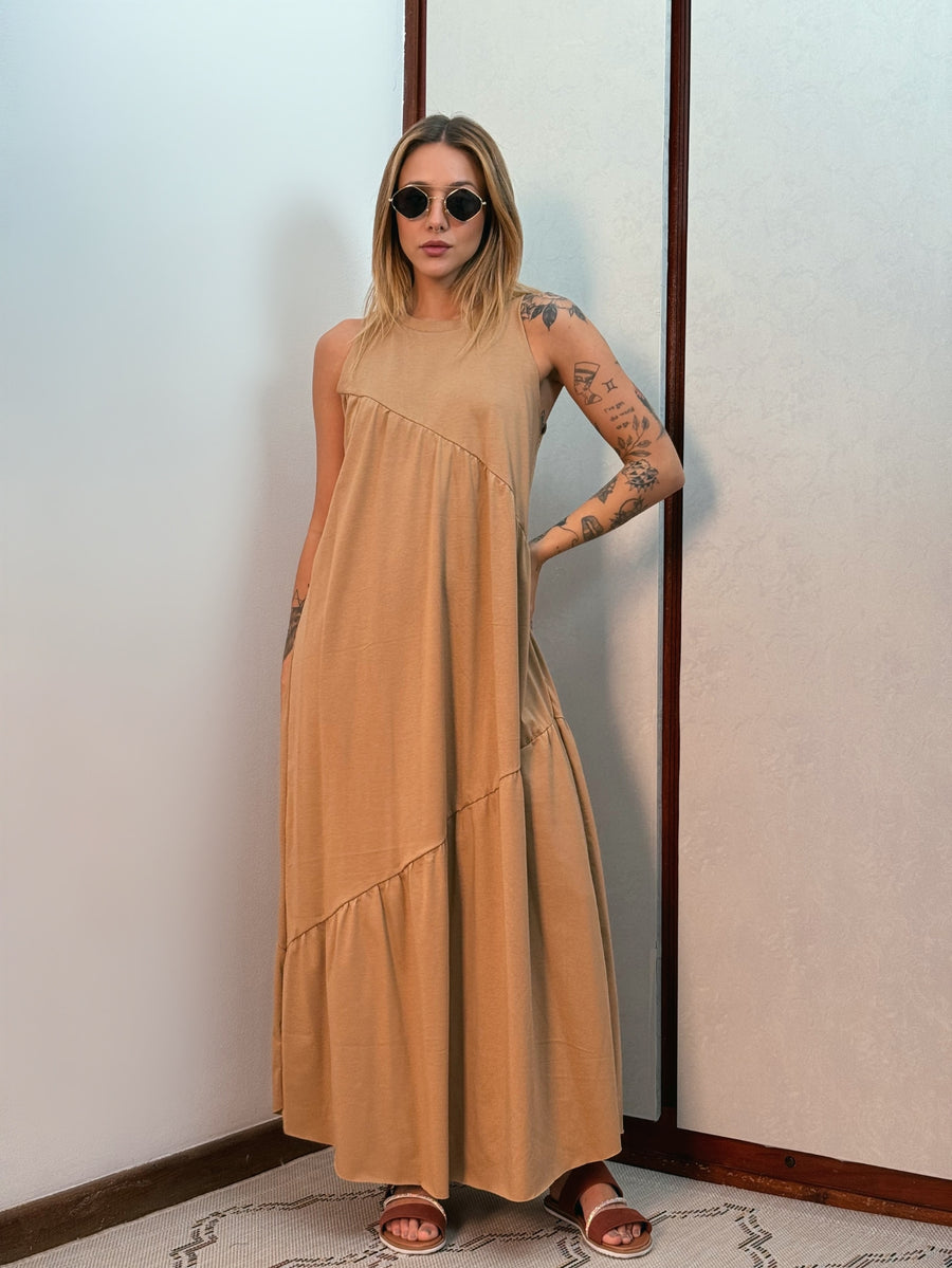 Vestido Longo Feminino Soltinho malha algodão Aveloz Caramelo