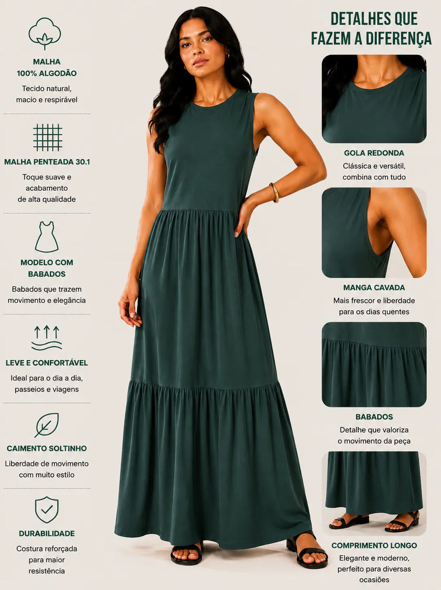 Vestido Longo Feminino Regata Três Marias Algodão Soltinho Verde-escuro