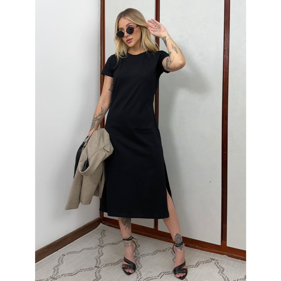 Vestido Mid Camiseta Com Fenda Aveloz Preto