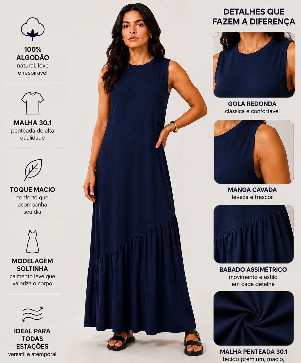 Vestido Longo Feminino Regata Babado Assimétrico Algodão Azul-marinho