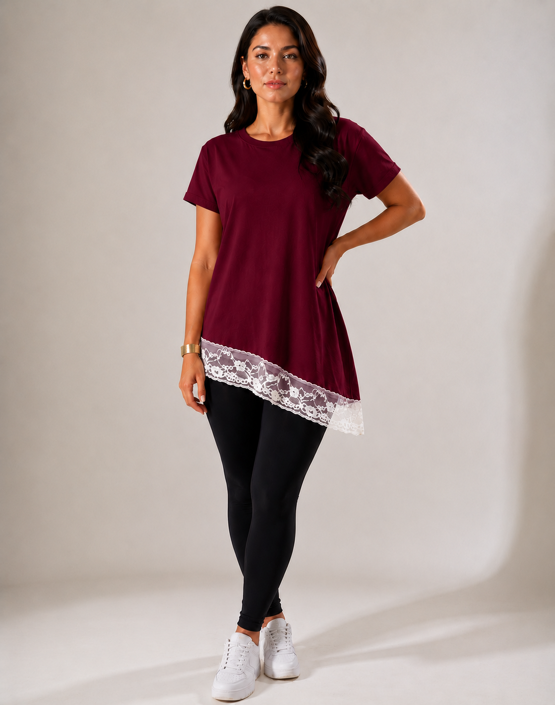 Blusa Assimétrica Feminina com Renda Bordô