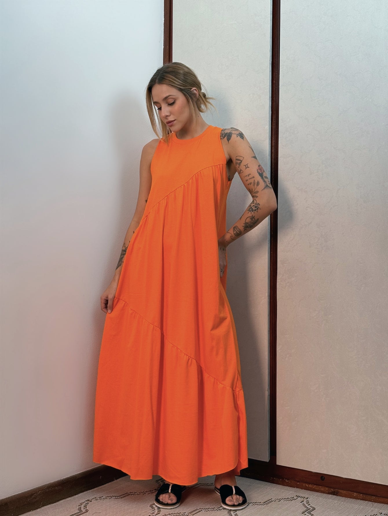 Vestido Longo Feminino Soltinho malha algodão Aveloz Laranja