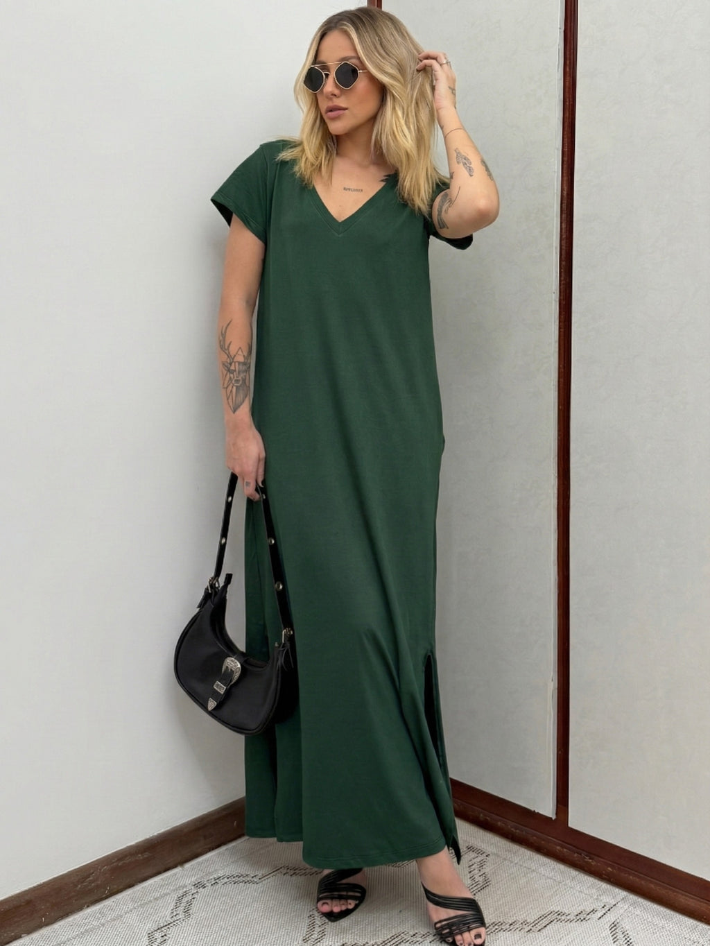 Vestido Longo de Algodão com Bolso Decote V Verde Escuro