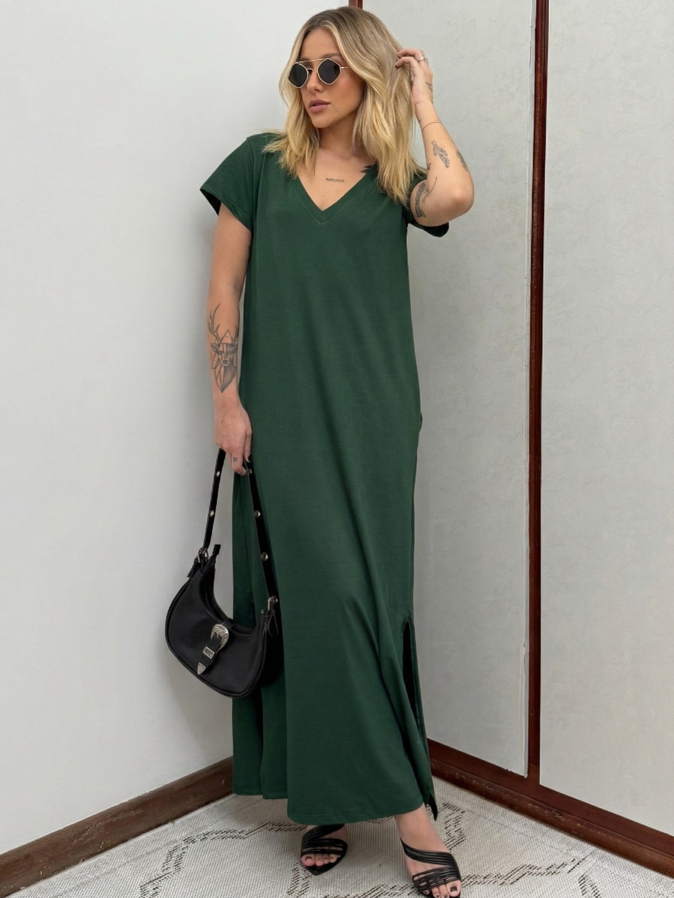 Vestido Longo de Algodão com Bolso Decote V Verde Escuro