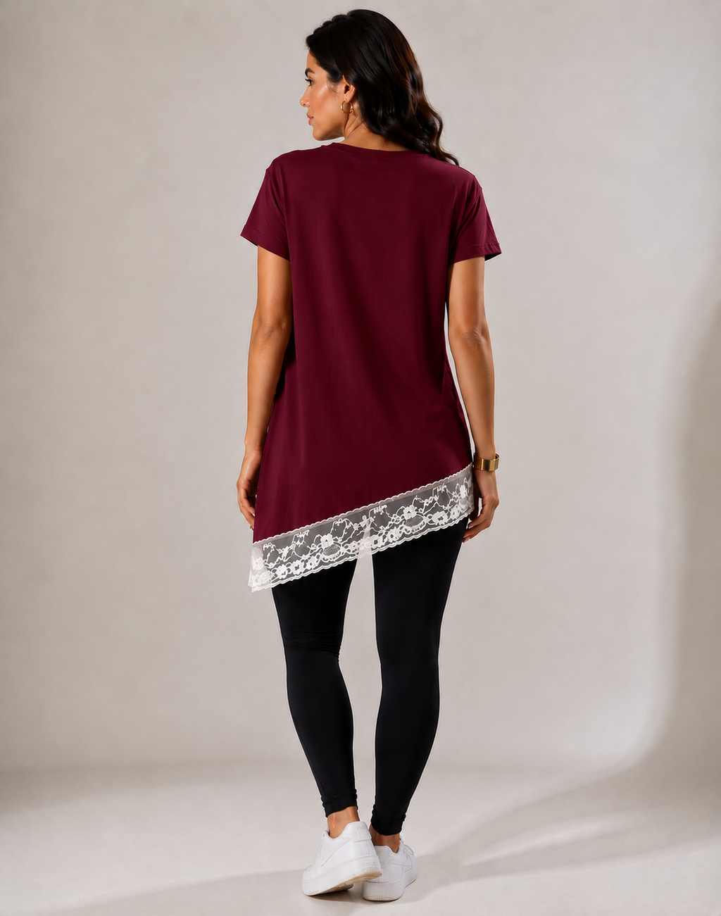 Blusa Assimétrica Feminina com Renda Bordô