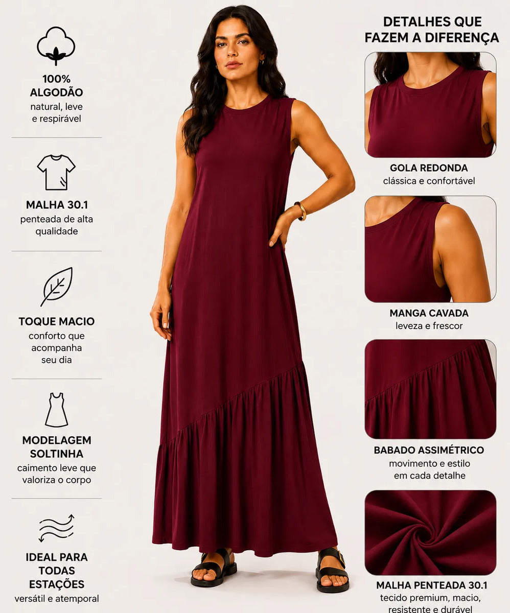 Vestido Longo Feminino Regata Babado Assimétrico Algodão Bordô