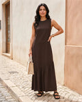 Vestido Longo Feminino Regata Babado Assimétrico Algodão Marrom-escuro