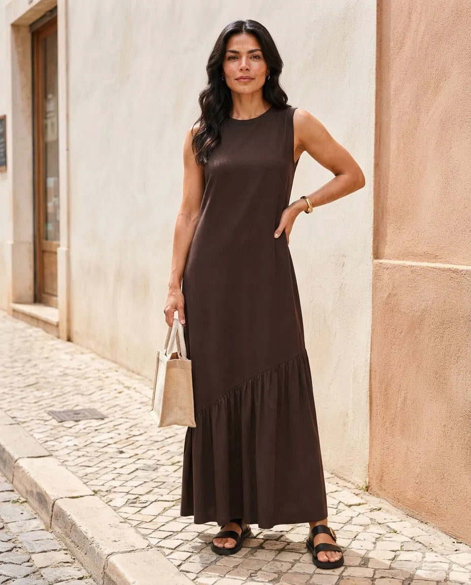 Vestido Longo Feminino Regata Babado Assimétrico Algodão Marrom-escuro