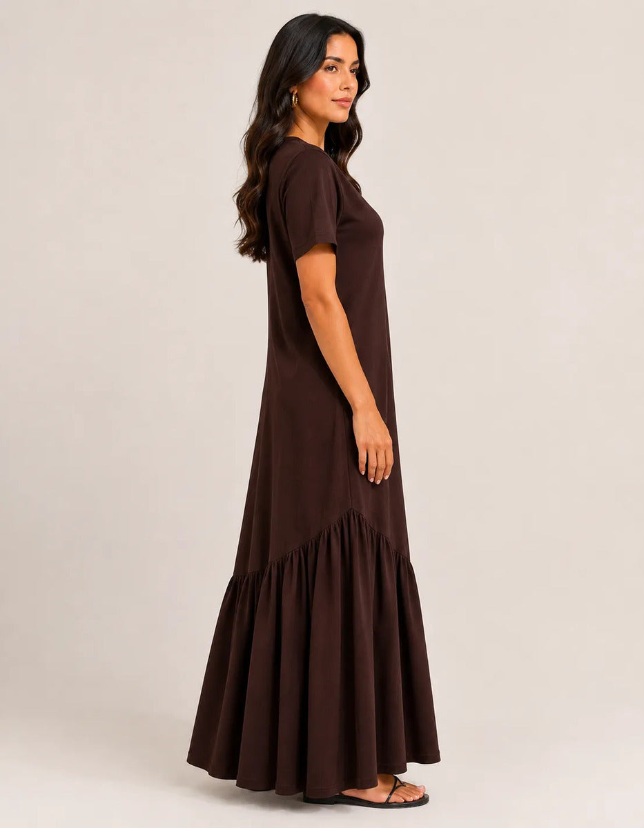 Vestido Longo Feminino Babado Assimétrico Malha Algodão Marrom-escuro