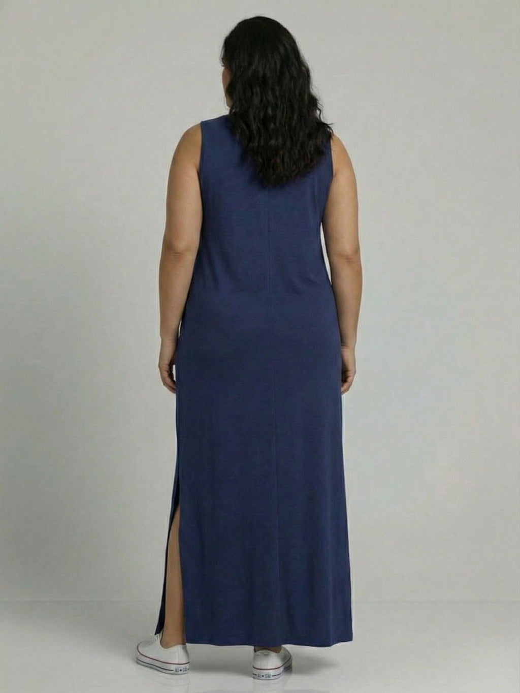 Vestido Longo Aveloz Viscolycra Soltinho Plus Size com Bolso Azul Marinho