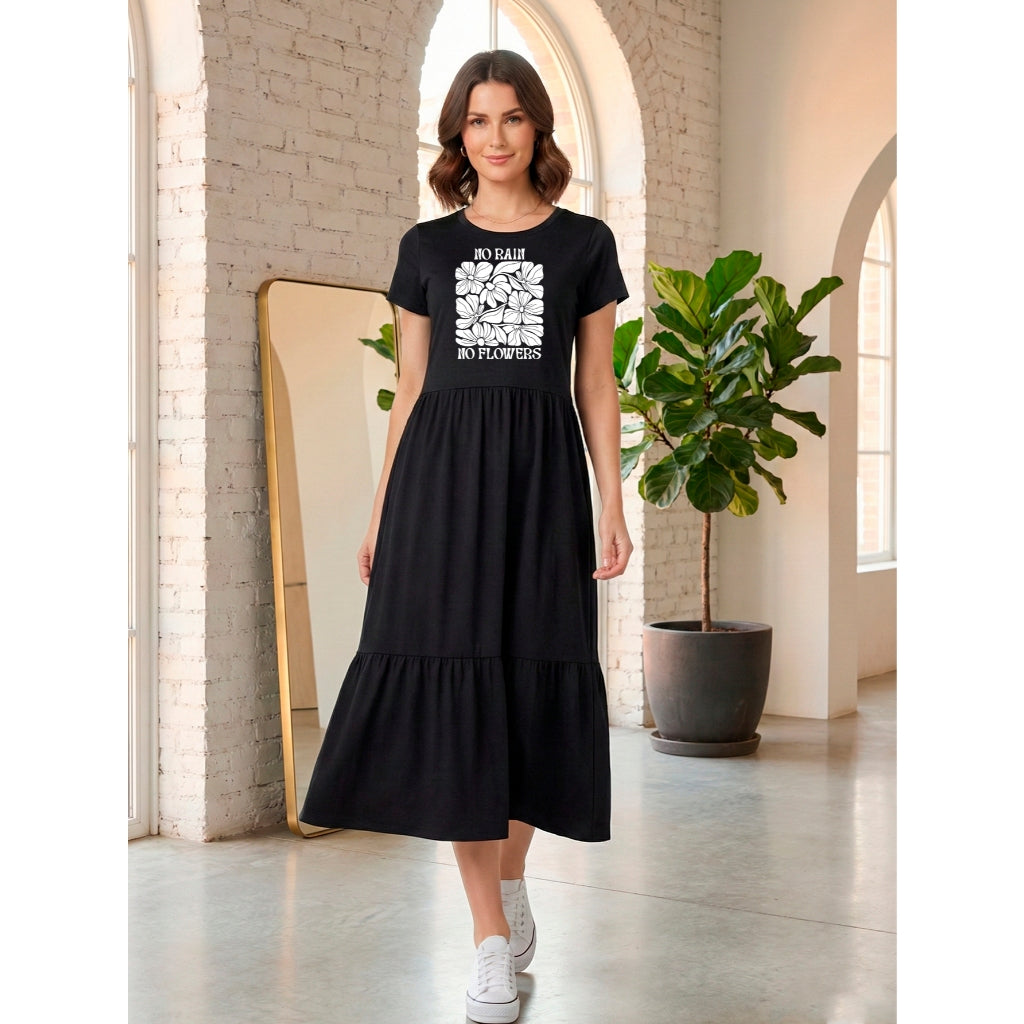 Vestido Midi Três Marias Feminino Aveloz de Algodão Estampa No Rain No Flowers