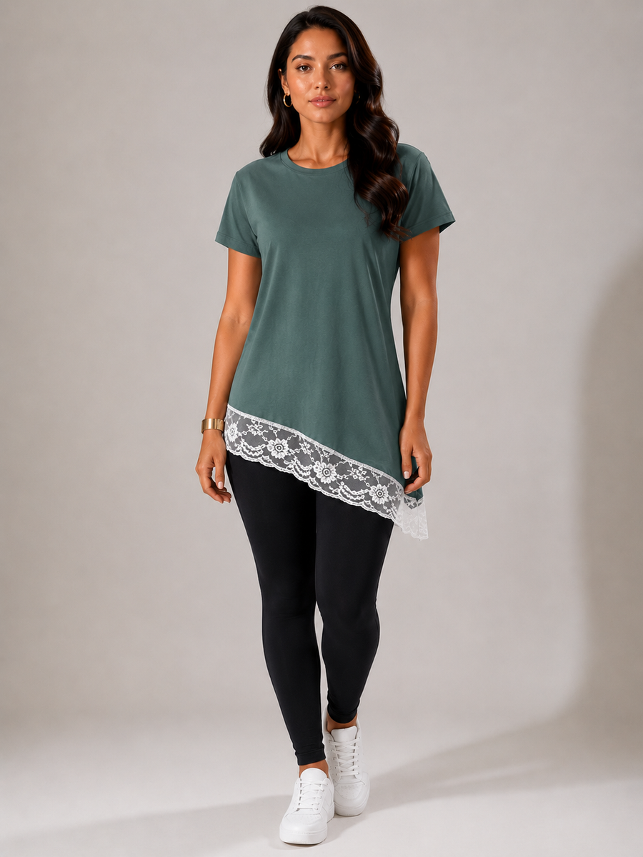 Blusa Assimétrica Feminina com Renda Verde Musgo