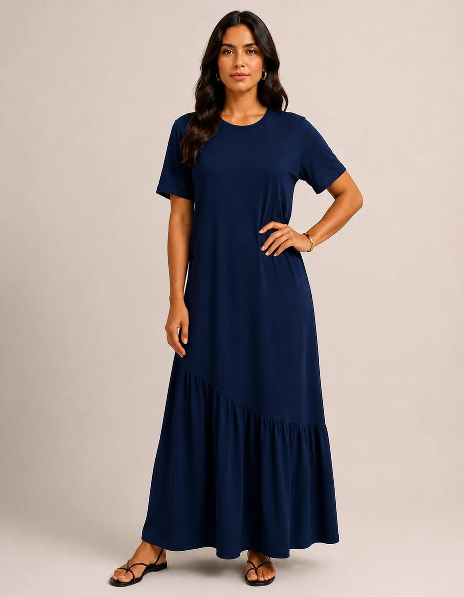 Vestido Longo Feminino Babado Assimétrico Malha Algodão Azul-marinho