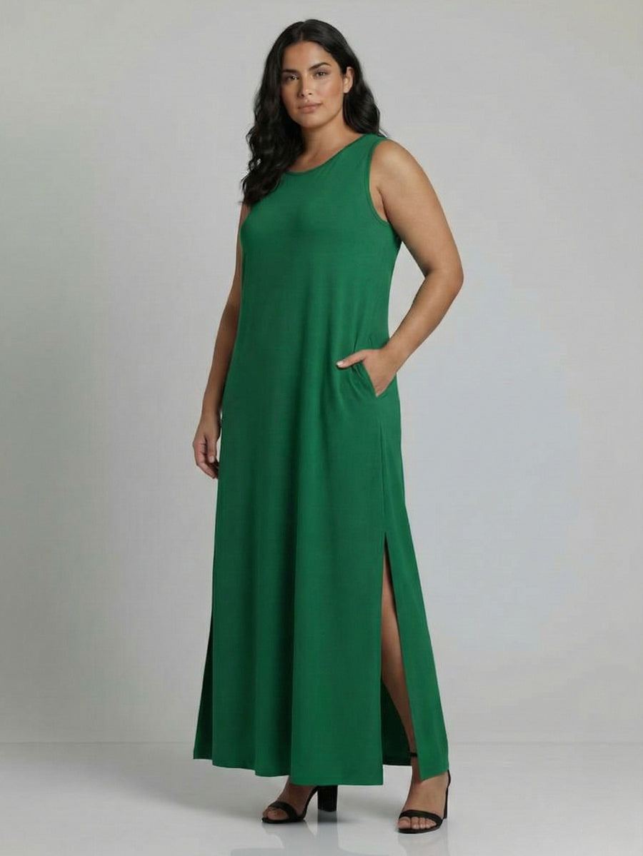 Vestido Longo Aveloz Viscolycra Soltinho Plus Size com Bolso Verde Bandeira