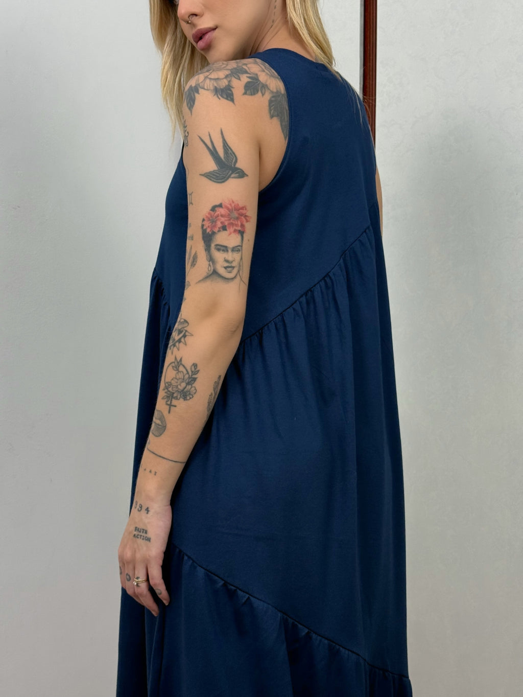 Vestido Longo Feminino Soltinho Malha Algodão Aveloz Azul Marinho