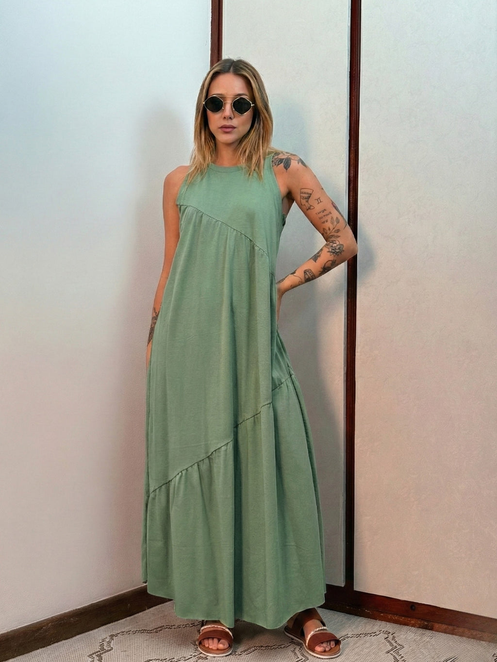 Vestido Longo Feminino Soltinho malha algodão Aveloz Verde Salvia
