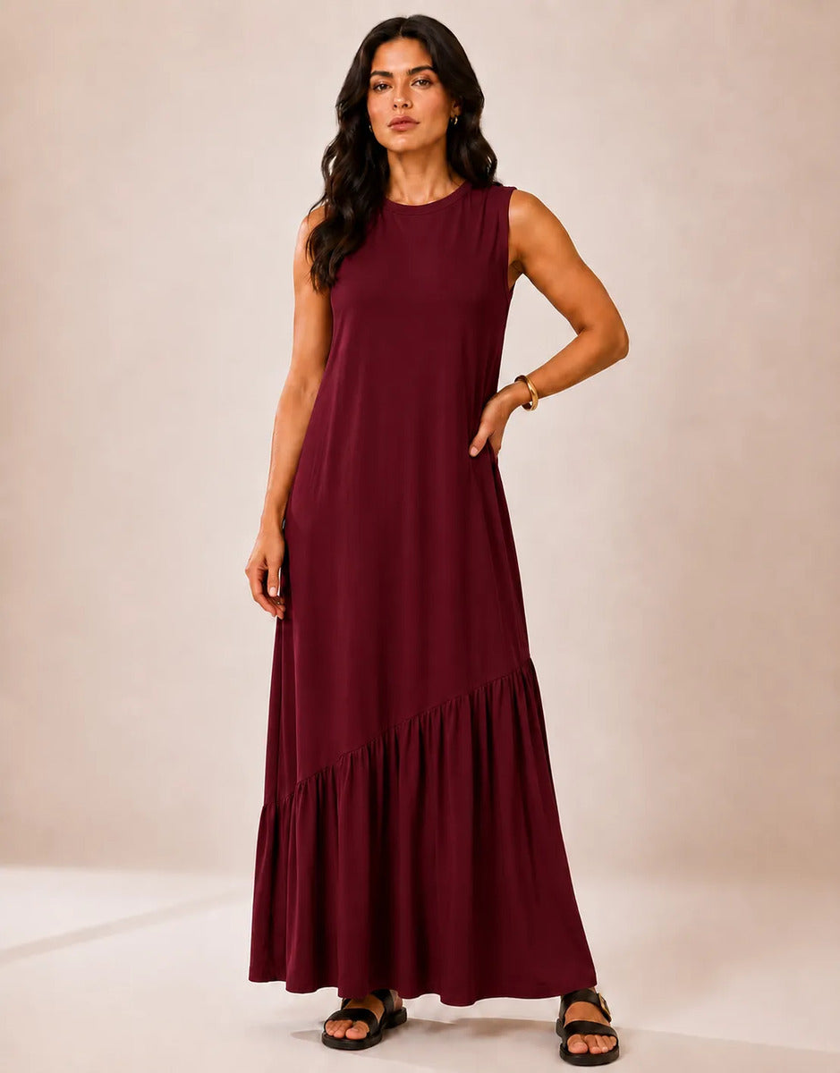 Vestido Longo Feminino Regata Babado Assimétrico Algodão Bordô