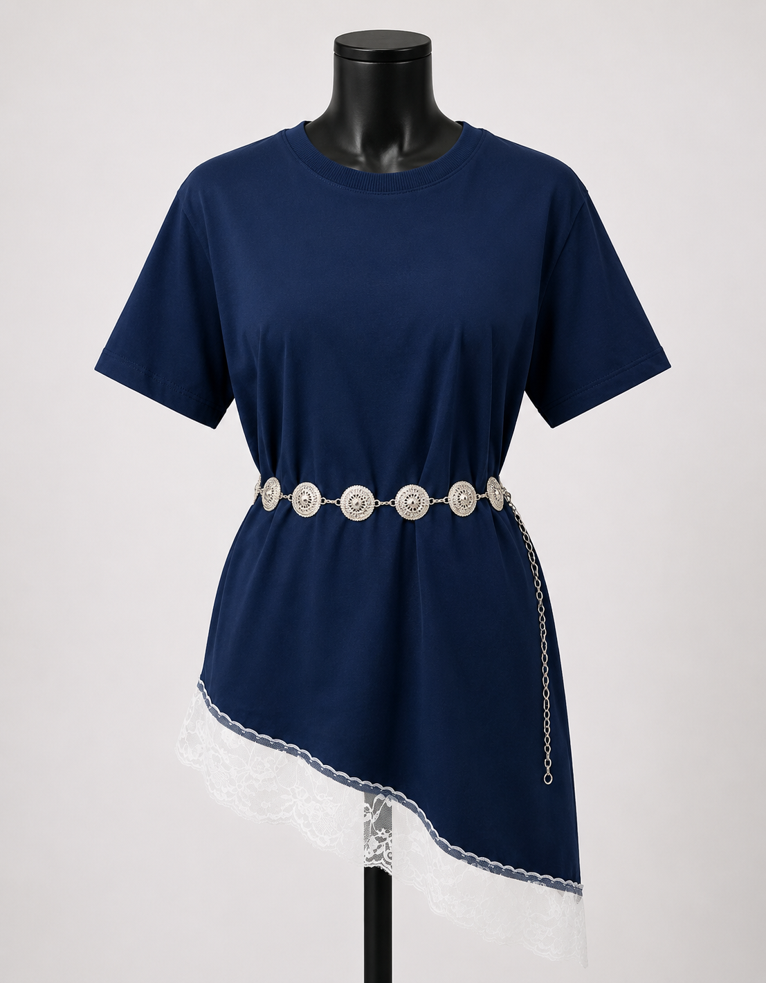Blusa Assimétrica Feminina com Renda Azul Marinho