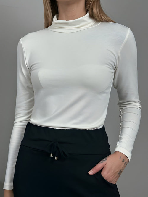 Blusa Manga Longa Gola Alta Segunda Pele Em Viscolycra - Off White