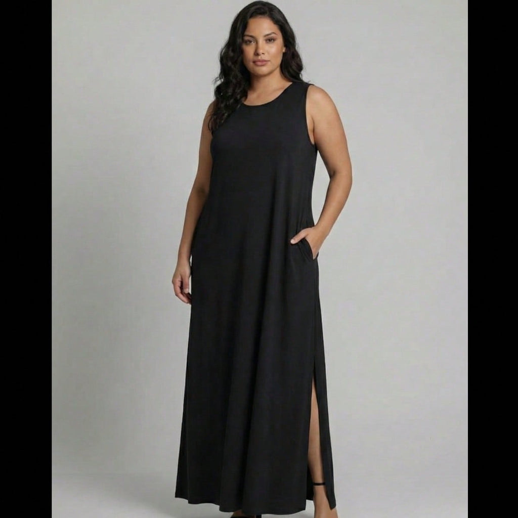 Vestido Longo Aveloz Viscolycra Soltinho Plus Size com Bolso Preto