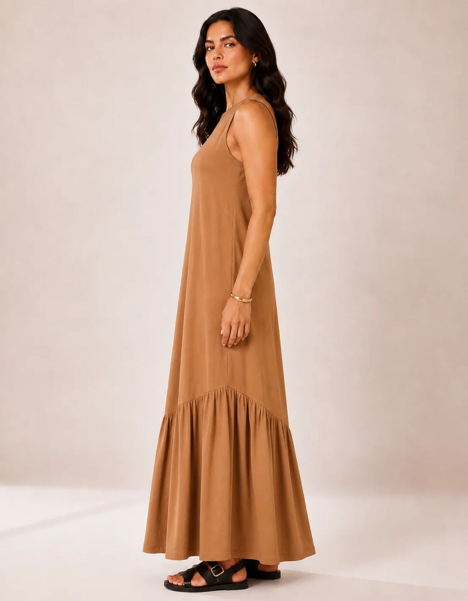 Vestido Longo Feminino Regata Babado Assimétrico Algodão Caramelo