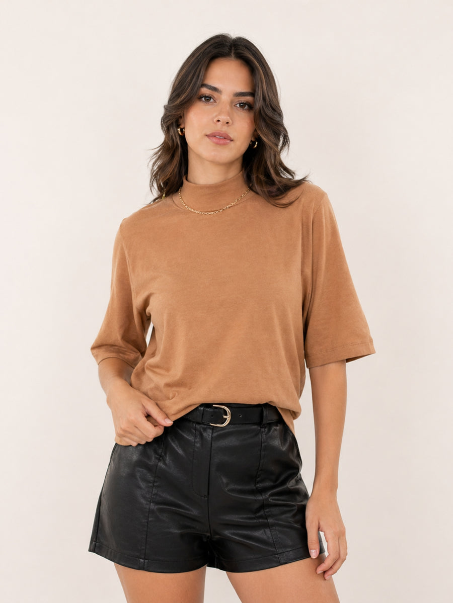 Camiseta Feminina T-shirt Aveloz Gola Alta E Manga 3/4 Caramelo