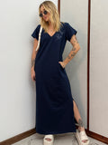 Vestido Longo de Algodão com Bolso Decote V Estampa Borboleta Azul Marinho
