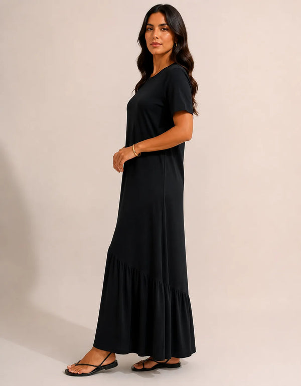 Vestido Longo Feminino Babado Assimétrico Malha Algodão Preto
