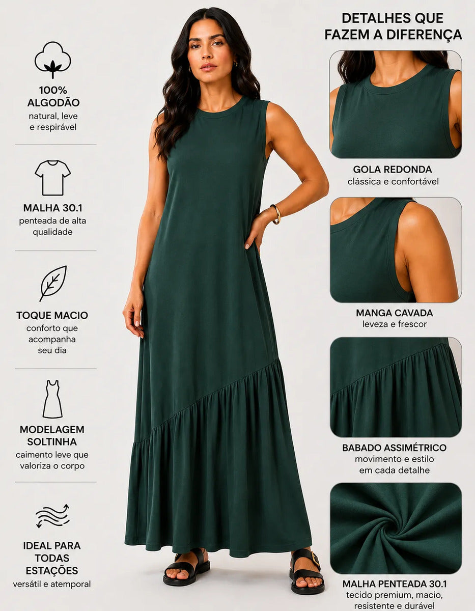 Vestido Longo Feminino Regata Babado Assimétrico Algodão Verde-escuro