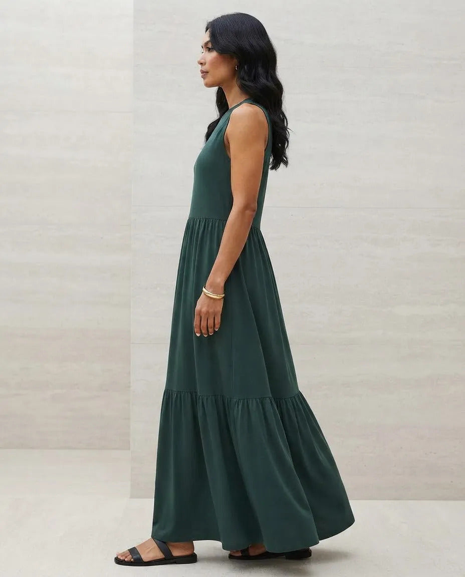 Vestido Longo Feminino Regata Três Marias Algodão Soltinho Verde-escuro
