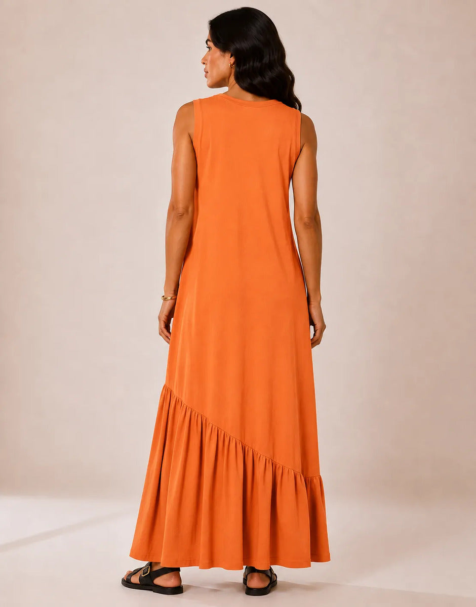 Vestido Longo Feminino Regata Babado Assimétrico Algodão Laranja