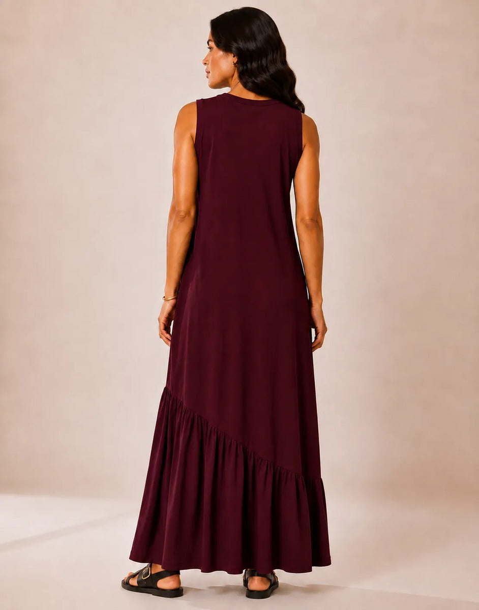 Vestido Longo Feminino Regata Babado Assimétrico Algodão Bordô