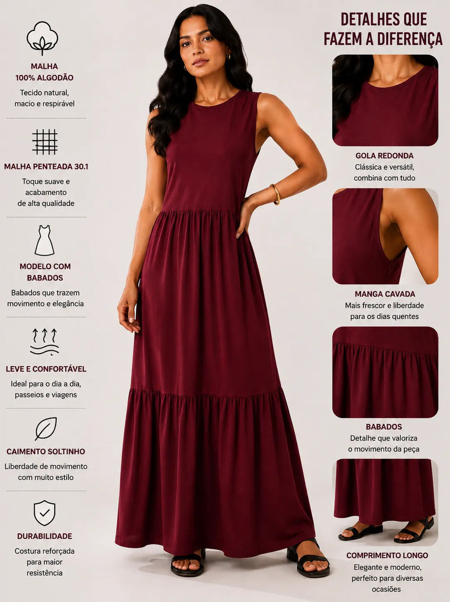 Vestido Longo Feminino Regata Três Marias Algodão Soltinho Bordô