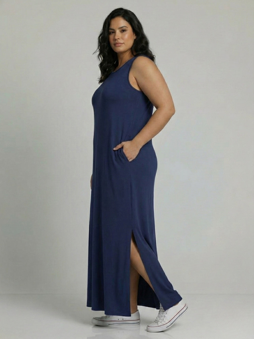 Vestido Longo Aveloz Viscolycra Soltinho Plus Size com Bolso Azul Marinho