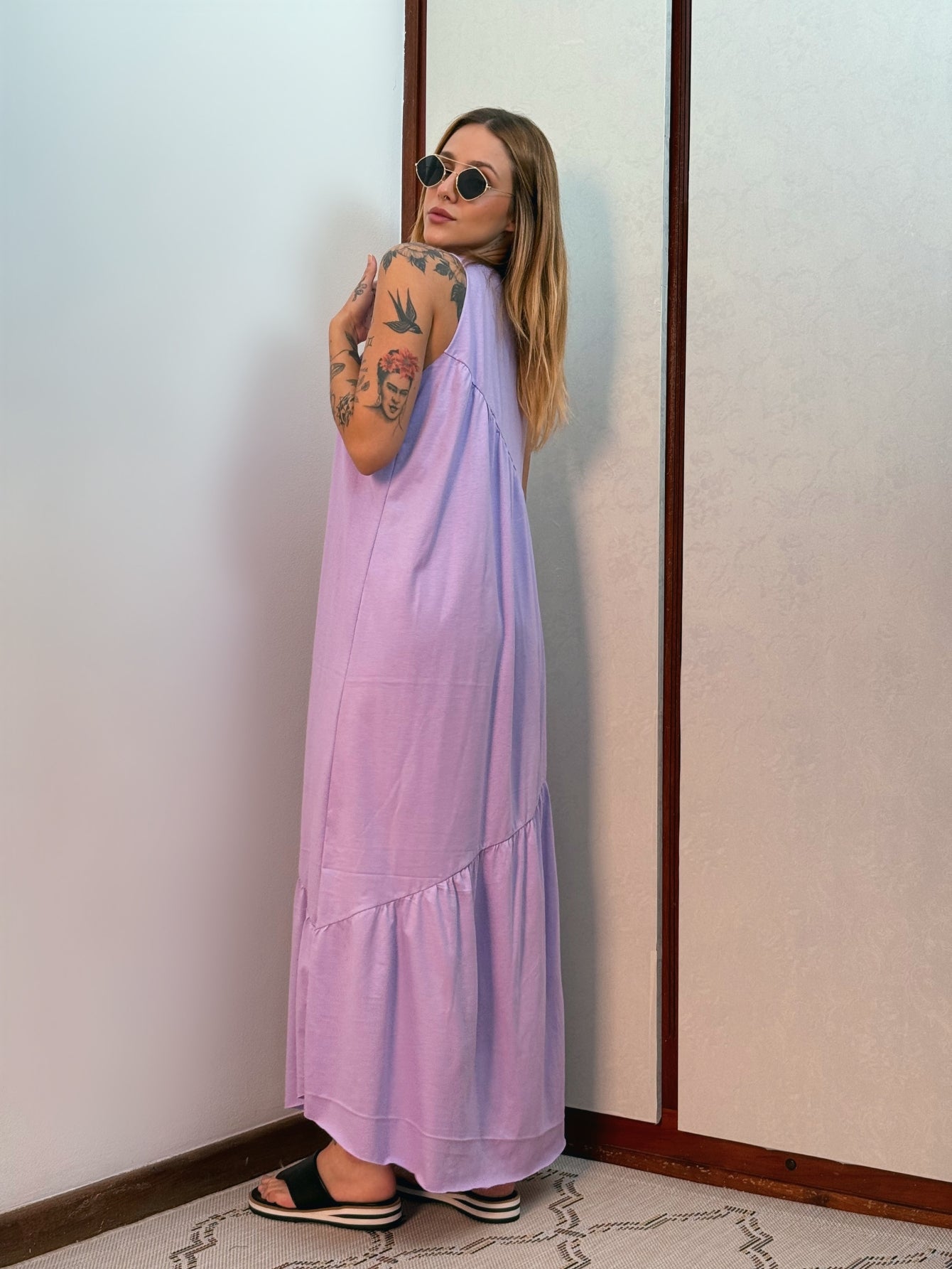 Vestido Longo Feminino Soltinho malha algodão Aveloz Lilás