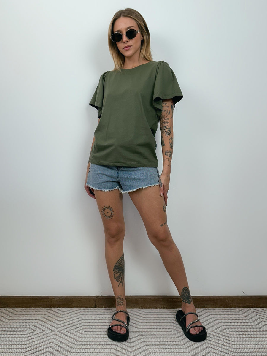 Blusa de Algodão Manga Bufante- Verde Oliva
