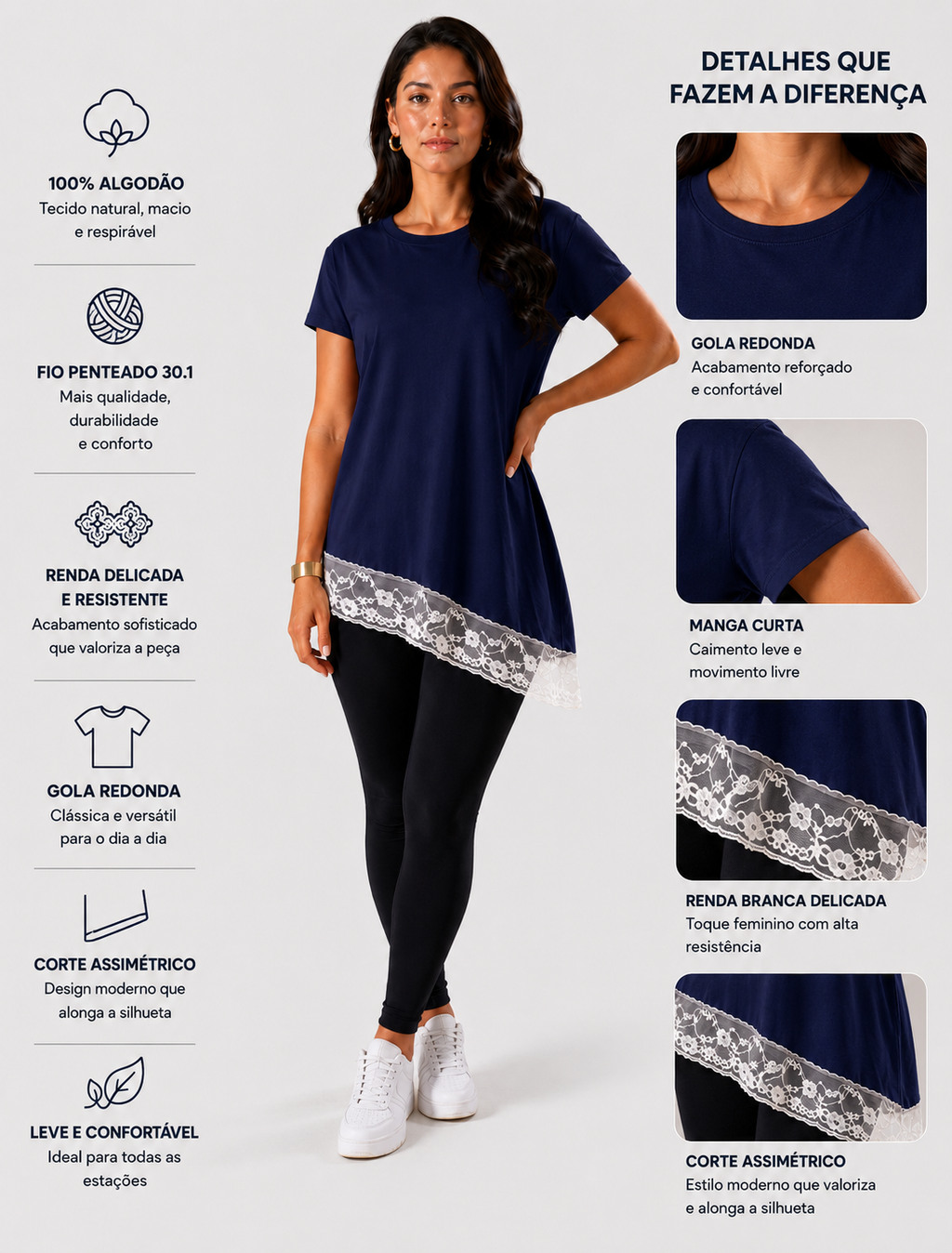 Blusa Assimétrica Feminina com Renda Azul Marinho