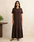 Vestido Longo Feminino Babado Assimétrico Malha Algodão Marrom-escuro