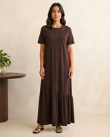 Vestido Longo Feminino Babado Assimétrico Malha Algodão Marrom-escuro