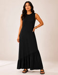 Vestido Longo Feminino Regata Babado Assimétrico Algodão Preto