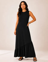 Vestido Longo Feminino Regata Babado Assimétrico Algodão Preto